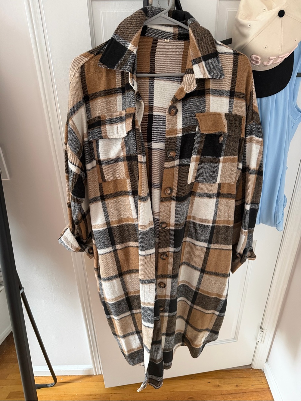 Amazon Oversized Plaid Shacket in Brown, Cream & Black